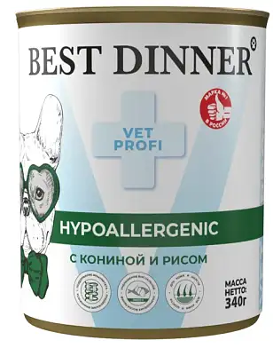Best Dinner Vet Profi Hypoallergenic консервы для взрослых собак и щенков с 6 месяцев для профилактики пищевой аллергии с кониной и рисом